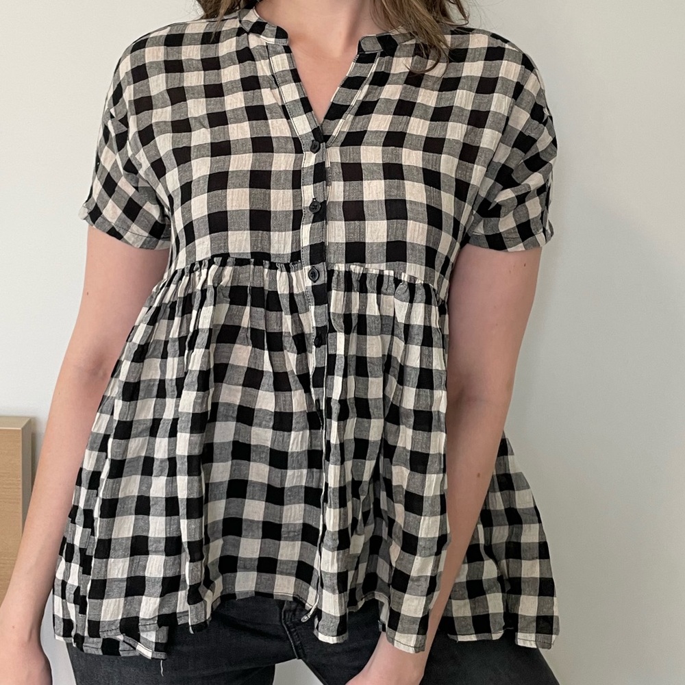 Anthro Tylho Checked Swing Top Gingham Linen Plaid Blouse Shirt Summer Linen S
